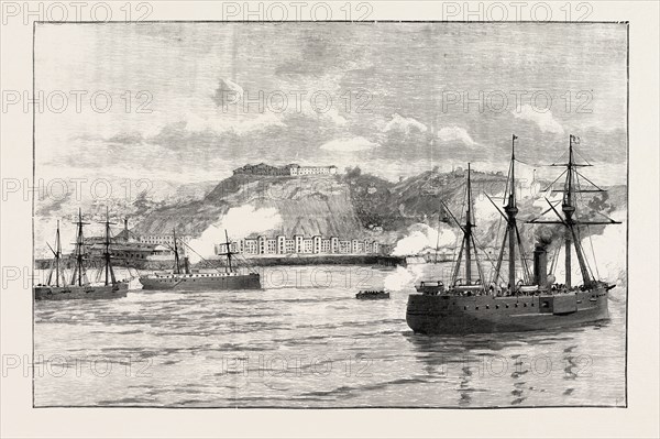 THE CIVIL WAR IN CHILE, HOSTILITIES AT VALPARAISO: EXCHANGE OF SHOTS BETWEEN SHORE BATTERIES AND CHILIAN IRONCLAD BLANCO ENCALADA, 1891