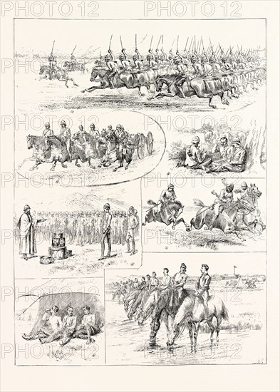 CAVALRY MANOEUVRES OF THE BANGALORE DIVISION, MADRAS PRESIDENCY, INDIA: 1. The 21st Hussars charging the guns. 2. Hussars bringing in a captured gun. 3. A quiet game of cards in the hour of rest. 4. A Capture. 5. Church Parade. 6. In the shade of the canteen. 7. Watering horses in the early morning.