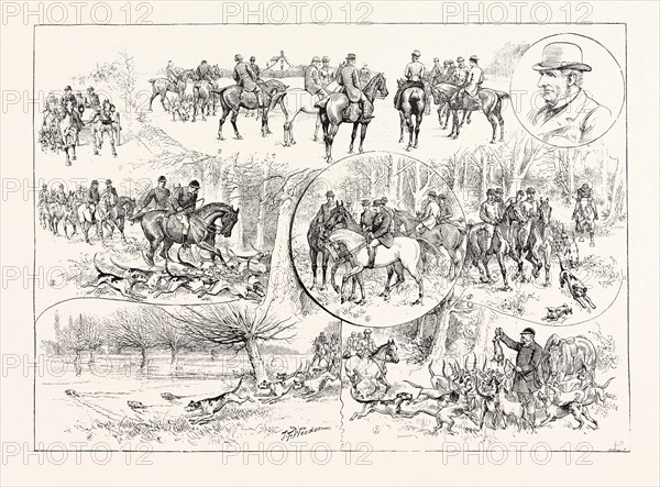 WITH MR. VIGNE'S HARRIERS IN EPPING FOREST: 1. Going to the Mest. 2. The Meet at Epping. 3. Laying on the hounds. 4. Epping Thicks, waiting for the draw. 5. Hard pressed. 6. Puss takes to the water at Theydon. 7. The kill. 8. The Master, H. Vigne, Esq., UK