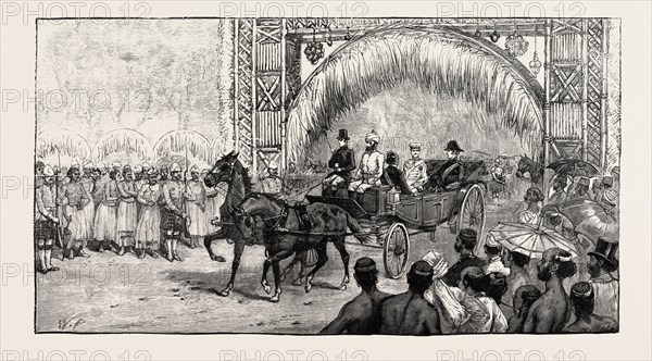 RECEPTION OF THE CZAREVITCH AT COLOMBO, CEYLON (SRI LANKA): PASSING UNDER TRIUMPHAL ARCHES WITH THE GOVERNOR.