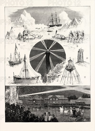 SKETCHES AT THE ROYAL NAVAL EXHIBITION: 1. H.M.S. Investigator at Winter Quarters in Merey Bay. 2,3. Arctic Groups in Franklin Gallery. 4. The Old Goodwin Lightship. 5. The Old Smalls Light, 1776. 6. Well or Dudgeon Lightship, 1786. 7. The Maplin Light, 1838. 8. The New Eddystone Lighthouse. 9. The Grounds at Night.