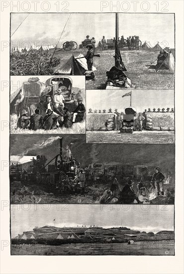 THE BRITISH SOUTH AFRICA COMPANY'S EXPEDITION TO MASHONALAND: 5. Top of Fort Tuli (July 1890), showing Search-Light and Guns. 6. Interviewing Spies; Dr. Jameson, Colonel Pennefather, and the Rev. Mr. Hartman, interpreter. 7. Entrance to Fort Charter. 8. Electric Search-Light and Part of Laager, near the Tuli River. 9. Fort Tuli (October 1890).