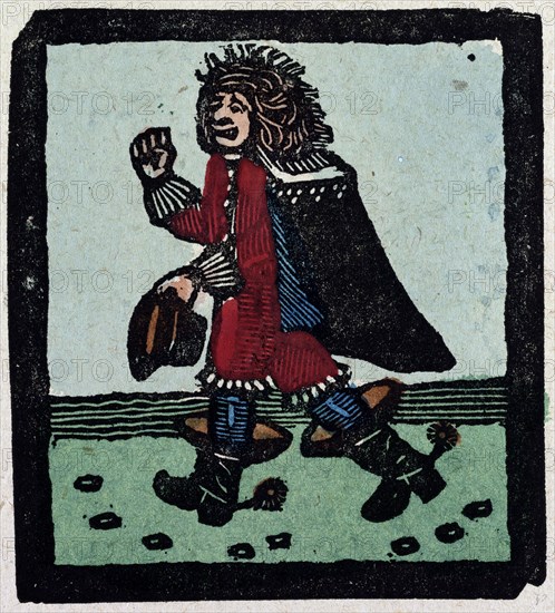 illustration of English tales, folk tales, and ballads. A man wearing red clothes, a cape and black boots