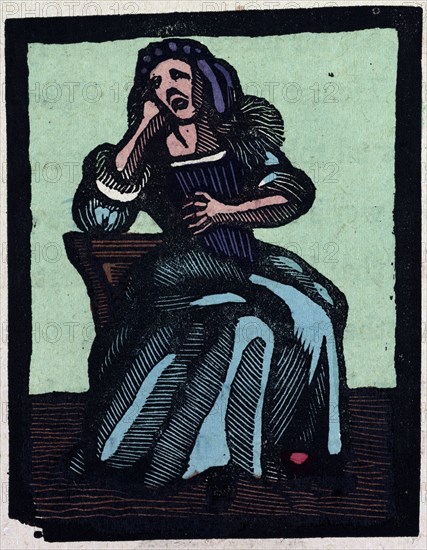 illustration of English tales, folk tales, and ballads. A woman wearing a blue dress