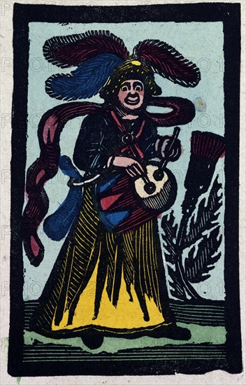 illustration of English tales, folk tales, and ballads. A woman playing a drum