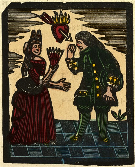 illustration of English tales, folk tales, and ballads. A woman and a man with above them a burning heart pierced by an arrow