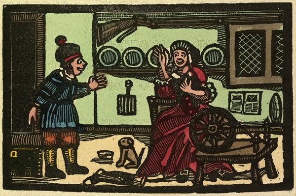 illustration of English tales, folk tales, and ballads. Old English interior. Woman with spinning wheel. man and dog