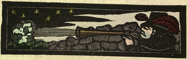 illustration of English tales, folk tales, and ballads. A man firing a rifle at night