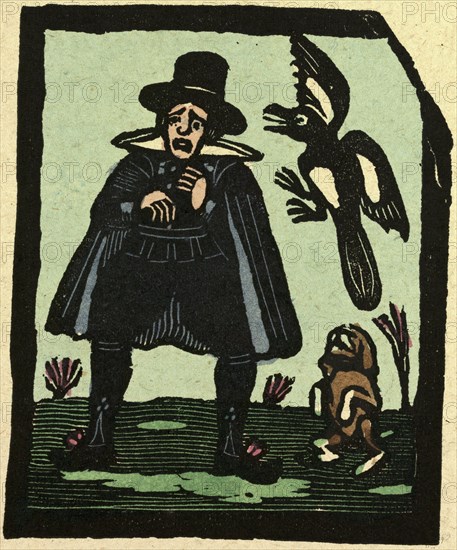 illustration of English tales, folk tales, and ballads. A man afraid of a magpie