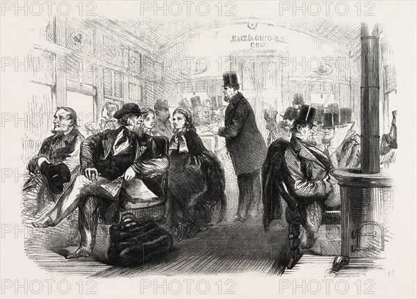 INTERIOR OF AN AMERICAN RAILWAY CARRIAGE, 1861