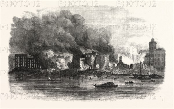 THE GREAT FIRE IN SOUTHWARK: SCENE AT COTTON'S WHARF AT MIDDAY, UK