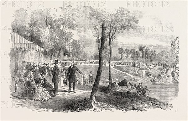 INAUGURATION OF THE CASCADES, IN THE BOIS DE BOULOGNE, PARIS, BY THE EMPEROR AND EMPRESS OF THE FRENCH.