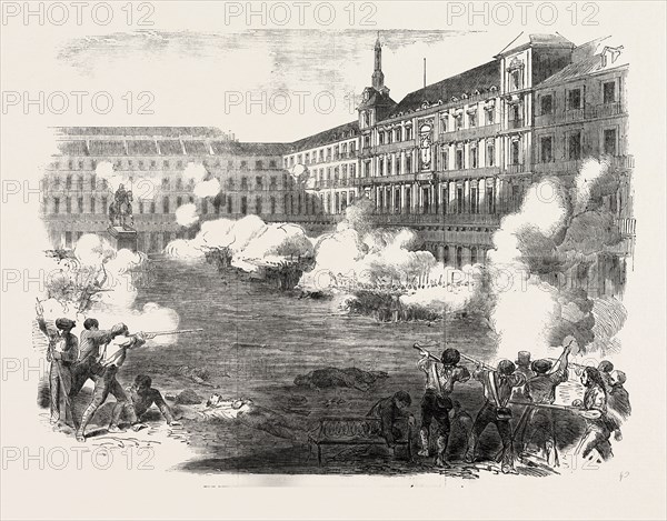 THE INSIURRECTION IN MADRID, CONFLICT IN THE PLAZA MAYOR, SPAIN, 1854