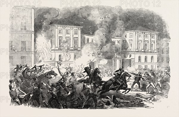 THE INSURRECTION IN SPAIN: THE INSURGENTS SETTING FIRE TO THE PALACE OF QUEEN CHRISTINA AT MADRID, 1854