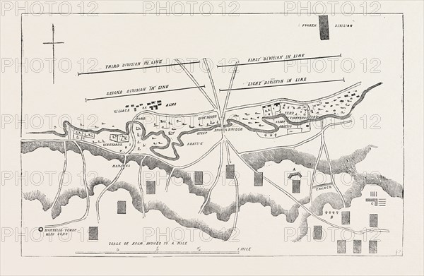 THE CRIMEAN WAR: OFFICIAL PLAN OF THE BATTLE OF THE ALMA, DISTRIBUTION OF THE BRITISH TROOPS AT THE COMMENCEMENT OF THE ACTION, 1854