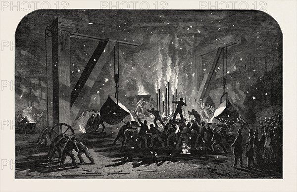 CASTING A MONSTER CYLINDER, AT MESSRS. SCOTT RUSSELL AND CO.'S BUILDING-YARD, MILLWALL, 1854. THE CYLINDER IS INTENDED FOR THE IRON STEAMSHIP BEING BUILT BY MESSRS. SCOTT RUSSELL AND CO., FOR THE EASTERN STEAM NAVIGATION COMPANY