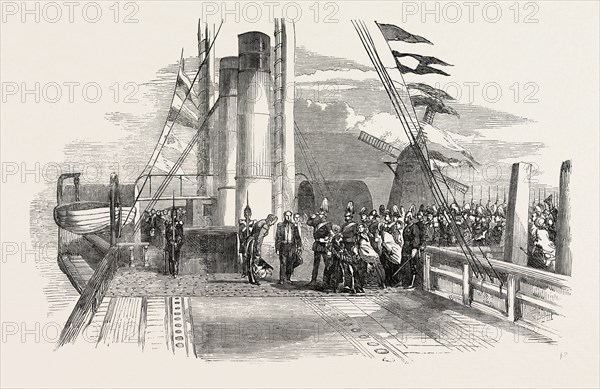 THE KING OF DENMARK VISITING MR. PETO ON BOARD THE CYGNUS., 1854