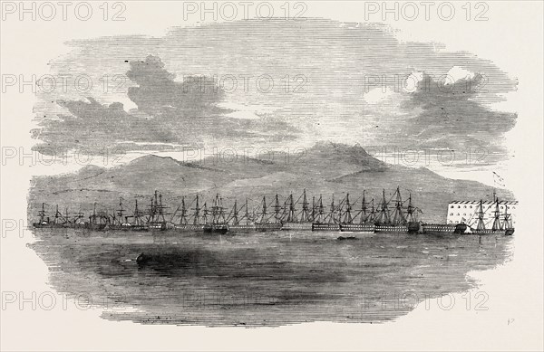 THE CRIMEAN WAR: RUSSIAN FLEET MOORED OUTSIDE THE BATTERIES OF SEBASTOPOL, UNDER THE GUNS, 1854