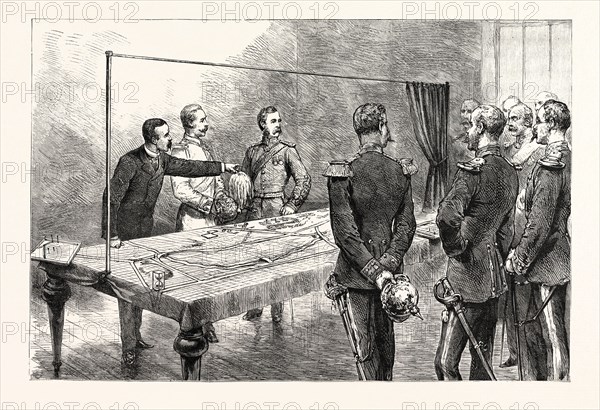 THE EMPEROR OF GERMANY INSPECTING THE NEW ENGLISH WAR GAME, INVENTED BY DR. GRIFFITH, AT THE KRIEGSAKADAMIE, BERLIN, GERMANY