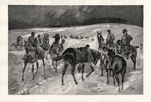 A WINTRY MORNING ON NEWMARKET HEATH: INSPECTING THE THOROUGHBREDS WHILST AT MORNING EXERCISE, 1891