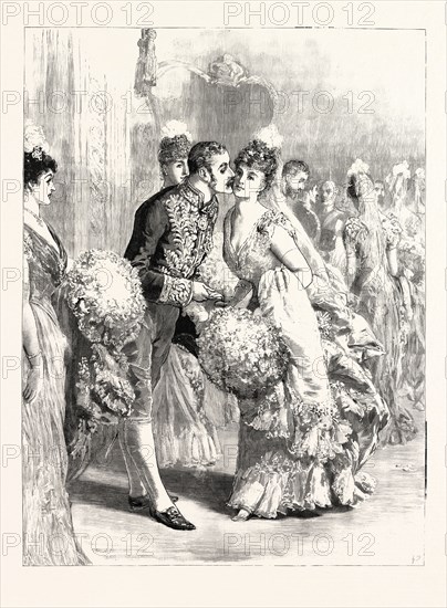 A DRAWING-ROOM AT DUBLIN CASTLE: THE LORD LIEUTENANT KISSING A DÃƒâ€°BUTANTE