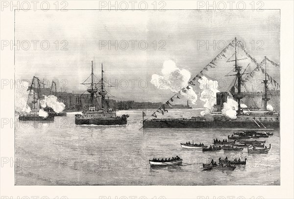 THE ARRIVAL OF THE DUKE OF CAMBRIDGE ON BOARD H.M.S. EDINBURGH AT MALTA, THE MEDITERRANEAN SQUADRON FIRING A SALUTE