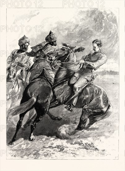 THE CAVALRY MANOEUVRES AT ATTOCK, INDIA-NATIVE CAVALRY STOPPING A SCOUT