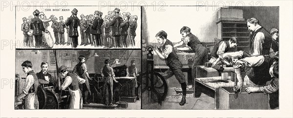 THE ANNIVERSARY OF THE LITTLE BOYS' HOMES AT FARNINGHAM AND SWANLEY, THE HOME AT FARNINGHAM: THE PRINTING OFFICE (BOTTOM LEFT), THE BOYS' BAND (TOP RIGHT), THE CARPENTERS' SHOP (RIGHT), UK