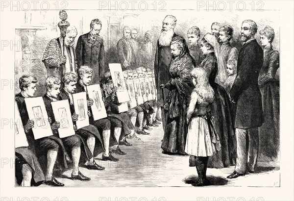 THE QUEEN AND THE BLUECOAT BOYS: HER MAJESTY INSPECTING THE CHRIST'S HOSPITAL BOYS' DRAWINGS IN THE PICTURE GALLERY, BUCKINGHAM PALACE, LONDON, UK