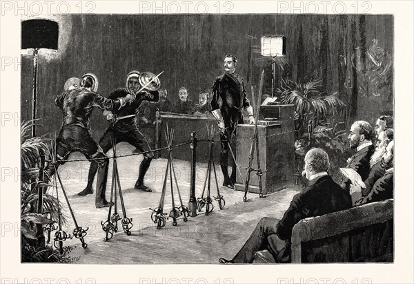 THE STORY OF SWORDSMANSHIP, BY CAPTAIN EGERTON CASTLE, AT THE LYCEUM THEATRE: CAPTAIN A. HUTTON AND DR. MOUATT BIGGS SHOWING OLD ENGLISH SWORD-AND-BUCKLER PLAY BEFORE THE PRINCE OF WALES