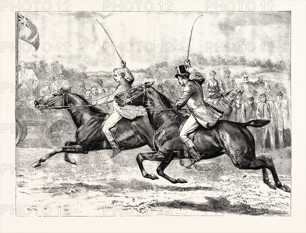 THE HOUSE OF COMMONS STEEPLECHASE, A CLOSE FINISH IN THE HEAVY WEIGHT DIVISION: LORD HENRY BENTINCK WINNING ON THE POST FROM MR. WALTER LONG
