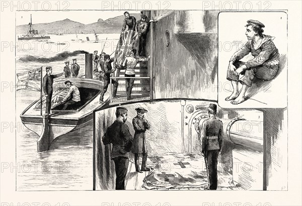SCENES ON BOARD H.M.S. ANSON AFTER THE CATASTROPHE: 1. Landing the Dead the Morning after the Disaster. 2. Clothing the Naked  One of Rescued Boys in the Discarded Raiment of a Petty Officer. 3. Rescued only to Die An Old Man, a Married Woman, and a Child, who Died on Board the Anson