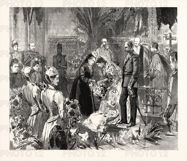 THE MARRIAGE OF MISS PONSONBY AT THE GUARDS' CHAPEL, WELLINGTON BARRACKS: HER MAJESTY CONGRATULATING THE BRIDE AFTER THE CEREMONY