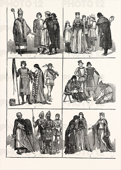 NORMAN COSTUMES OF THE ELEVENTH AND TWELFTH CENTURIES: 1. Bishops and Barons (11th Century) 2. Noble Ladies and Citizens (11th Century) 3. Prince, Princess and Cross-Bowman (11th Century) 4. Artisans and Artificers (11th Century) 5. Military Costumes of the 12th Century 6. Noble Ladies of Normandy (12th Century)