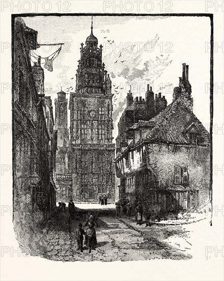 VIEW IN CALAIS: RUE DE LA CITADELLE, SHOWING THE BELFRY