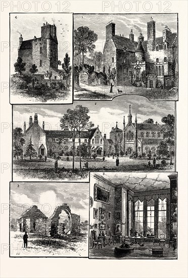 EDINBURGH: 1. WARRENDER HOUSE; 2. ST. MARGARET'S CONVENT; 3. RUINS OF ST. ROQUE'S CHAPEL; 4. GRANGE HOUSE, 1820; 5. DRAWING-ROOM IN GRANGE HOUSE, 1882