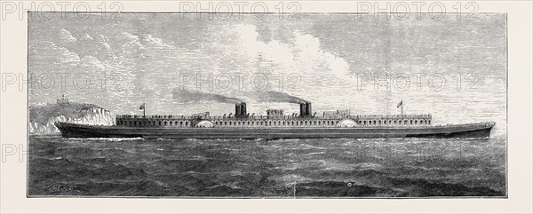 MR. S.J. MACKIE'S STEAMER: A ship 400 feet long by 80 feet broad, constructed on a composite box-girder system, two waterways, with two paddles working in each, running lengthways through the vessel