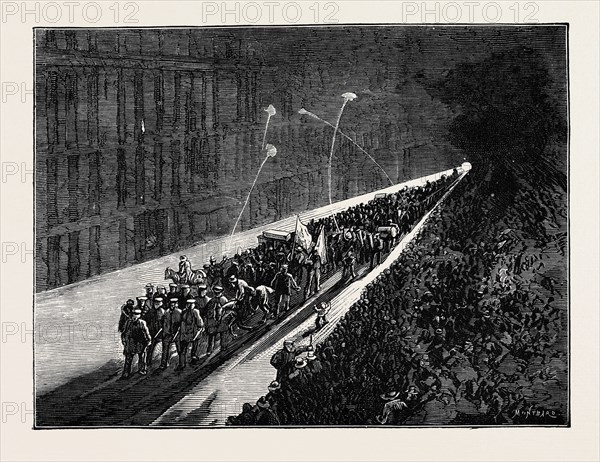 SKETCHES IN NEW YORK DURING THE PRESIDENTIAL ELECTION: EVENING PROCESSION OF POLITICAL CLUBS VIEWED FROM A WINDOW