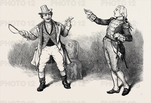 SCENE FROM "THE RIVALS" AT THE CHARING CROSS THEATRE, LONDON, MR. JOHN CLARKE AS "BOB ACRES," AND MR. CHARLES HARCOURT AS "CAPTAIN ABSOLUTE"