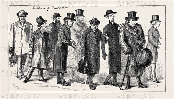 THE ELECTION OF DEAN STANLEY AS SELECT PREACHER AT OXFORD: MEMBERS OF CONVOCATION GOING TO VOTE, ON THE PLATFORM OF THE RAILWAY STATION
