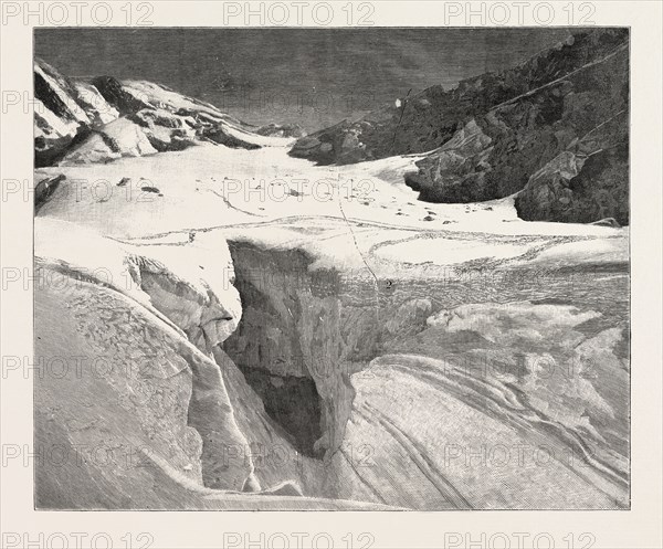 THE FATAL ACCIDENT ON MONT BLANC: GENERAL VIEW OF THE PETIT PLATEAU: 1. The origin of the avalanche; 2. Place where the party was precipitated into the crevasse