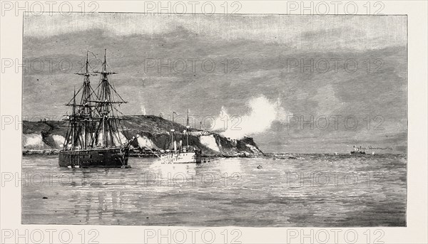 THE CIVIL WAR IN CHILI: FORTS VALDIVIA AND YERBAS BUENAS, AT VALPARAISO, FIRING ON THE REBEL CONGRESSIONAL "ESMERALDA"