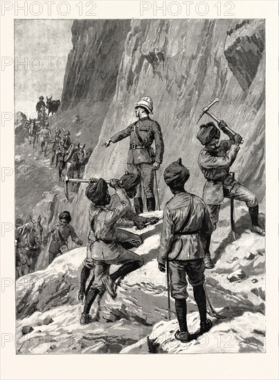 THE FIGHTING NEAR GILGIT ON THE NORTH-WESTERN FRONTIER OF INDIA: THE FORCE ON ITS WAY TO THE FRONT, THE MOUNTAIN BATTERY MARCHING TO TAKE UP ITS POSITION ON THE HILLSIDE ABOVE GAKUCH