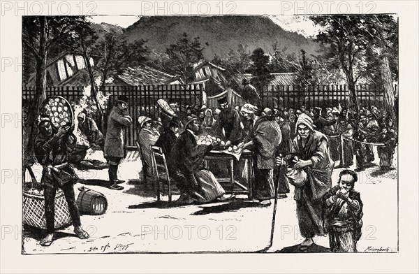 THE GREAT EARTHQUAKE IN JAPAN, VIEWS AT THE SCENES OF THE DISASTER: DISTRIBUTING PROVISIONS TO THE SURVIVING SUFFERERS AT GIFU