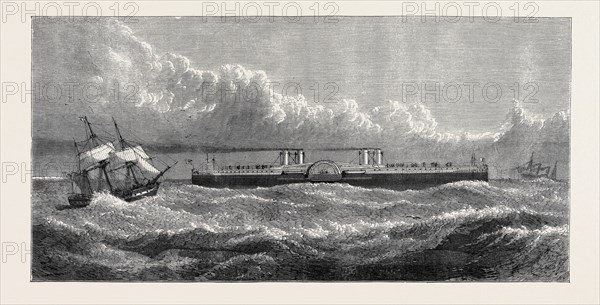 THE PROPOSED CHANNEL FERRY: THE FERRY STEAMER; The steamer is proposed to be 450 feet in length, 57 feet beam, and 95 feet over the paddle boxes, propelled by disconnected engines of 1400 horse power nominal, by which such a rate of speed will be attained as will enable them to perform the voyage from shore to shore in one hour, while from their form and size, motion in any state of the weather would be almost imperceptible.