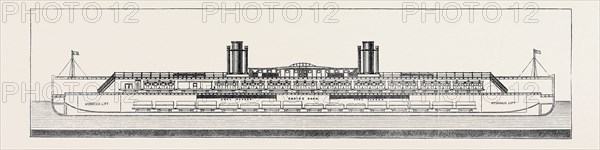THE PROPOSED CHANNEL FERRY: LONGITUDINAL SECTION OF FERRY STEAMER; The steamer is proposed to be 450 feet in length, 57 feet beam, and 95 feet over the paddle boxes, propelled by disconnected engines of 1400 horse power nominal, by which such a rate of speed will be attained as will enable them to perform the voyage from shore to shore in one hour, while from their form and size, motion in any state of the weather would be almost imperceptible.