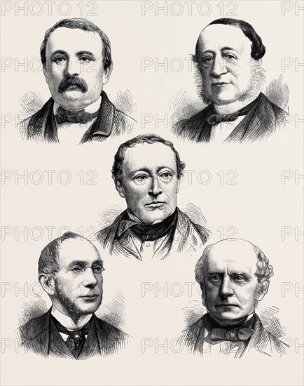 THE ALABAMA CLAIMS: THE GENEVA COURT OF ARBITRATION; (TOP LEFT) M. STAEMPFLI (SWITZERLAND); (TOP RIGHT) COUNT SCLOPIS (ITALY); (CENTRE) SIR ALEXANDER COCKBURN (ENGLAND); (DOWN LEFT) BARON DO ITAJUBA (BRAZIL); (DOWN RIGHT) MR. C.F. ADAMS (UNITED STATES)