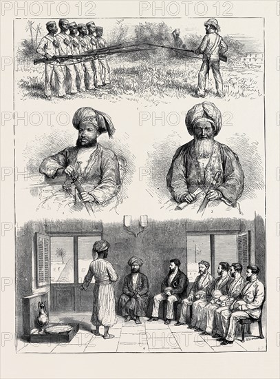 THE LIVINGSTONE EXPEDITION: 1. DRILLING NASIK BOYS AT ZANZIBAR; 2. H.H. SAYID BERGASH, SULTAN OF ZANZIBAR; 3. SAYID SULIMAN, GRAND VIZIER; 4. PRIVATE RECEPTION OF THE LIVINGSTONE EXPEDITION AT THE SULTAN'S PALACE