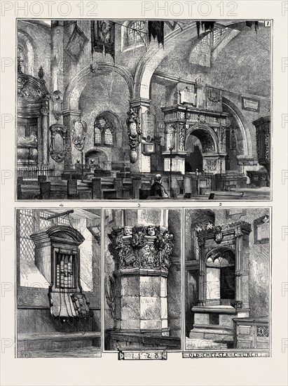 OLD CHELSEA CHURCH: 1. INTERIOR, LOOKING NORTH-EAST; 2. TOMB OF SIR THOMAS MORE; 3. SCULPTURED CAPITAL OF MORE'S CHANTRY CHAPEL; 4. CHAINED BIBLES AND BOOK OF HOMILIES