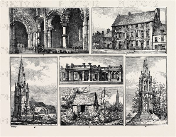 SCENES ON THE BEDFORD AND NORTHAMPTON RAILWAY, IN THE VALLEY OF THE OUSE: 1. INTERIOR OF ST. PETER'S CHURCH, NORTHAMPTON; 2. COWPER'S HOUSE AT OLNEY; 3. STATION OF THE NORTHAMPTON AND BEDFORD RAILWAY AT NORTHAMPTON; 4. QUEEN ELEANOR'S CROSS AT NORTHAMPTON; 5. OLNEY CHURCH; 6. COWPER'S SUMMER HOUSE AT OLNEY